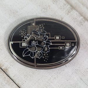 Vintage Michaela Frey Brooch Signed Oval Enamel Black Silver Floral Art Deco